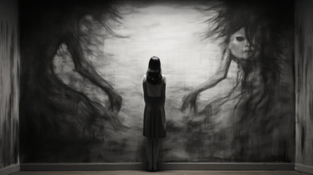 two female figures, captured in stark black and white photography, stand in front of a painting with haunting eyes. the dreamlike nightmare style evokes psychological terror, while the flowing silhouettes and art that plays with scale depict trapped emotions. this captivating image was captured using the sigma 85mm f1.4 dg hsm art lens. ai generatedの素材