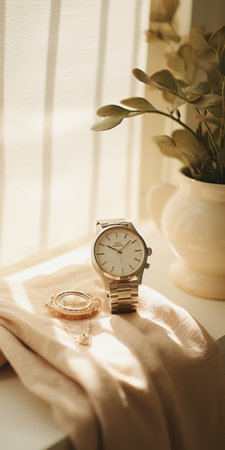 a minimalistic japanese-style watch sits on a flannel table next to a window. the black and beige color scheme creates a subtle and whimsical ambiance. this minimalist still life, captured by an interior design photographer using a canon eos r5, showcases the whimsical folk-inspired details of the objects. the photograph has a cinemotographic feel with film grain, and it is available in 32k uhd resolution.の素材