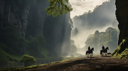 three people on horseback ride through a river, surrounded by exotic fantasy landscapes. this matte painting-style image, inspired by the works of akihiko yoshida and eve ventrue, showcases the essence of nature with its mountainous vistas. the strong contrast between light and dark adds depth and intrigue to this captivating scene. ai generatedの素材
