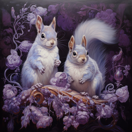 two squirrels are depicted in this painting, perched on a flower branch. the artwork, created by david michael bowers, showcases a unique blend of light purple and dark cyan hues. the monochromatic white figures add a touch of elegance reminiscent of rococo portraitures. inspired by artists like kevin hill and aaron jasinski, the painting also features tonal variations in color. ai generatedの素材