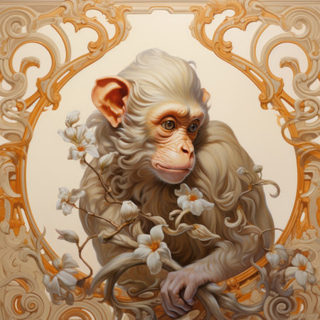 chimpanzee posing amidst a vibrant display of flowers and a majestic tree, reminiscent of peter mohrbacher's artistic style. the scene exudes the opulence of venetian rococo, with its light white and gold tones. carved animal figures add a touch of whimsy, while martine johanna's influence is evident in the magnified ornamentation. a captivating composition that echoes the artistic flair of noah bradley. ai generatedの素材