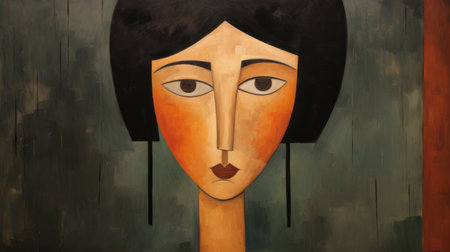 a contemporary chinese art painting featuring a woman's head with black hair, inspired by folk art. the artwork showcases elements of cubist portraiture and expressionism, with a color palette of dark orange and dark beige. created using oil on a large canvas, this portrait captures the essence of modern artistic techniques and cultural influences. ai generatedの素材