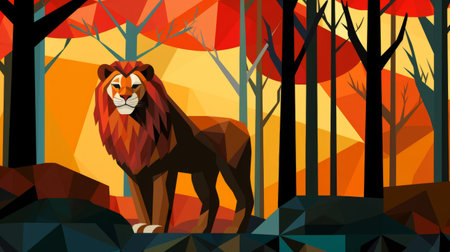 a low poly lion walks through a vibrant forest, showcasing colorful abstract landscapes. this digitally enhanced image features dark crimson and orange hues, along with geometric abstractions and strong lines. the forest is available for sale or rent, making it an ideal backdrop for large scale murals or flat backgrounds. ai generatedの素材