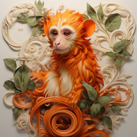 an orange monkey sits amidst a backdrop of lush green leaves, creating a photorealistic fantasy scene. the intricate composition, reminiscent of the style of serge marshennikov, features organic fluid shapes made of vines. this 3d artwork evokes the artistic essence of reuben nakian. ai generatedの素材