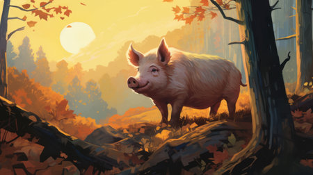 a red pig dashes through the woods in this vibrant digital painting by patrick brown. bathed in golden light, the simple yet colorful illustration captures the essence of pastoral scenes. the uhd image showcases the pig's striking red hue against the light pink and dark amber tones of the forest. ai generatedの素材