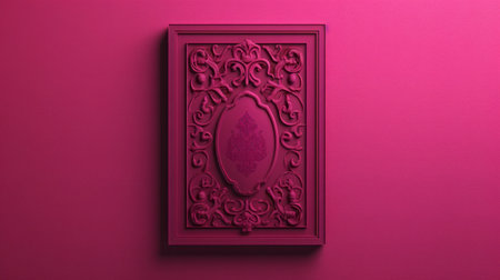 a pink-colored door frame with intricately carved details is showcased in this hyper-realistic still life stock photo. the style of the image resembles book art installations, featuring dark magenta hues and intricate illustrations. the photo exudes an air of intricate minimalism and rococo extravagance, with a limited palette that adds to its artistic appeal. ai generatedの素材