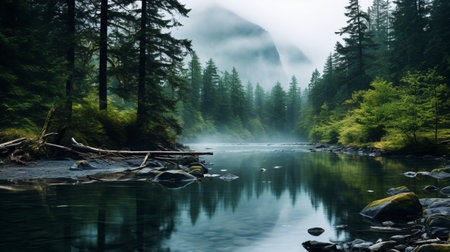 a serene and ethereal photo capturing a river flowing through a forested area. the image showcases the beauty of nature with its transparent and mystical atmosphere. the wilderness and mountainous vistas create a sense of solitude and tranquility. this national geographic-style photo embraces moody tonalism and is inspired by the wonders of nature. ai generatedの素材