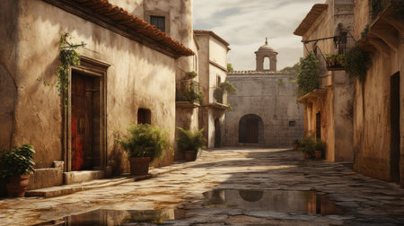 stone wall on street with water puddle, featuring unreal engine's realistic rendering. this traditional mexican-style wall blends atmospheric cityscapes, roman art and architecture, and villagecore aesthetics. a captivating design architecture study, it captures the essence of lively street scenes. ai generatedの素材