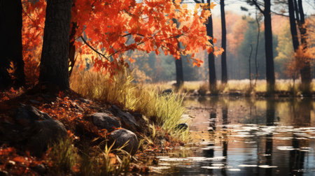 a stunning nature fall wallpaper captured with a canon eos 5d mark iv, showcasing the vibrant red and amber hues of autumn. this hyper-realistic image, reminiscent of the style of unreal engine 5, portrays serene solitude and a joyful celebration of nature. a national geographic-worthy photo featuring mesmerizing water elements. ai generatedの素材