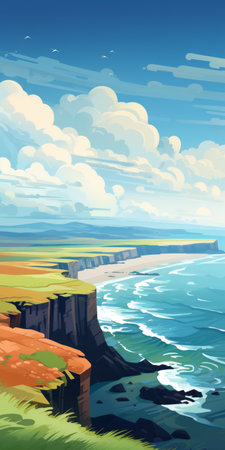 a small digital illustration of a green landscape near a cliff, showcasing lively coastal landscapes and majestic sweeping seascapes. the sky-blue and beige color palette creates vibrant color fields, making it a perfect choice for editorial illustrations. ai generatedの素材