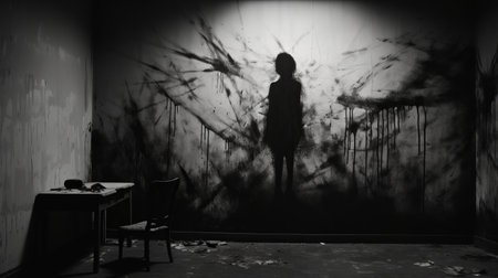 black and white photo featuring an old book in a black and white room. the photo showcases a unique style with drippy paint splatters, silhouette figures, hyperrealistic murals, and dark matter art. it exudes a sense of psychological terror and is reminiscent of large-scale murals and chalk art. ai generatedの素材