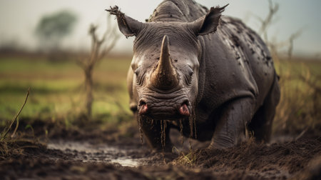 a powerful image of a rhinoceros in an oxbow lake in kenya, captured with the zeiss batis 18mm f28 lens. the photo showcases the raw emotions of the animal, with explosive pigmentation and a deconstructive style reminiscent of the art of the congo. this national geographic photo is presented in stunning 8k resolution. ai generatedの素材
