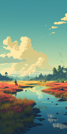 a photo showcasing a picturesque lake surrounded by vibrant red, yellow, and blue grass. the image is reminiscent of charming character illustrations with a touch of sparth and retro visuals. the richly colored skies and detailed character design add depth to the photo-realistic landscapes, creating a captivating scene amidst the busy landscapes. ai generatedの素材