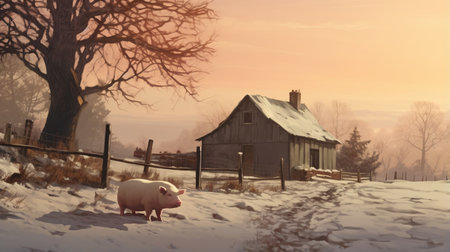 a barn pig stands on snow-covered ground in this village portrait, depicted in the style of a digital painting. the artwork showcases tonalist paintings with subtle gradients, bold and cartoonish lines, and a pale palette. the 32k uhd resolution captures the intricate details of the scene, including the horizons and the pig's surroundings. ai generatedの素材