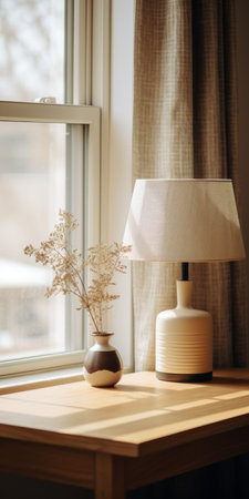 a minimalistic japanese-style lamp sits on a viscose table next to a window. the black and beige color scheme creates a whimsical ambiance. this minimalist still life captures the sparse and simple yet subtle and whimsical folk-inspired design. photographed by an interior design photographer using a canon eos r5, the image showcases a lot of detail in the objects. with a touch of film grain,の素材