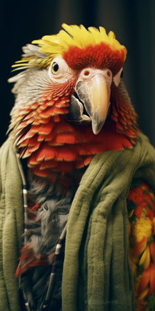 a parrot wearing a green scarf stands out in this postmodern photography piece. the exquisite clothing detail showcases a style of light maroon and orange, while the dark gray and light crimson background adds depth. the manticore-inspired parrot is captured using photo-realistic techniques, creating a unique and captivating image. this photo perfectly embodies the emerging trend of caninecore. ai generatedの素材