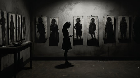 an unidentified woman gazes at a wall adorned with pictures, creating a captivating scene reminiscent of dark palette chiaroscuro. the artwork evokes childhood arcadias and draws inspiration from the styles of kevin hill, featuring monochrome canvases and silhouette figures. this interactive artwork exudes a unique charm, embracing elements of dollcore. ai generatedの素材