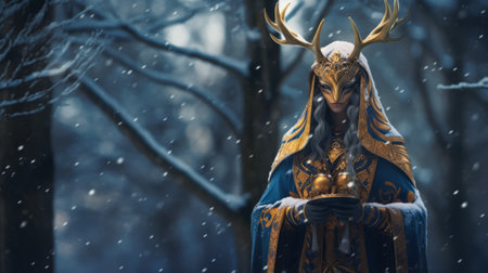 a female character with deer heads gazes into the autumn forest, adorned in medieval-inspired, dark azure and gold detailed costumes. the photo showcases photo-realistic techniques, capturing the beauty of the snow scenes. this dragoncore-inspired image is presented in stunning 8k resolution. ai generatedの素材
