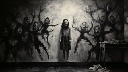 outsider art: a creepy excitement painting in black and white featuring margaret shouting, with haunting shadows on the wall. this artwork evokes a profound sense of loneliness, resembling a realistic pencil sketch on paper. ai generatedの素材