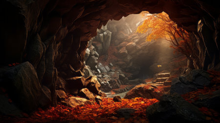 a cave illuminated during the late autumn season, featuring a realistic hyper-detailed rendering. the cave is adorned with shades of dark orange and light gold, created using vray tracing techniques. the scene showcases intricate foliage, stone formations, and a captivating passage. ai generatedの素材