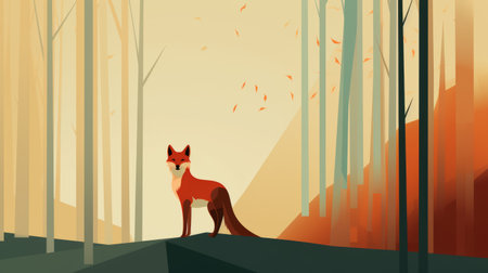 a forest animal stands in the snow, leaves blowing around it. the artwork is done in the superflat style, featuring light red and amber tones. the landscape is soft and dreamy, with simplified shapes and a fictional setting. the character design is detailed, showcasing elements of caninecore. ai generatedの素材
