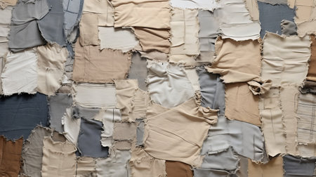 intimist abstract pattern canvas wall featuring a beige canvas stock photo. this artwork is created in the style of deconstructed tailoring, showcasing a textile installation inspired by decaying landscapes. the site-specific installation showcases a colorful patchwork of raw materialism, with a dominant color palette of dark beige and gray. ai generatedの素材
