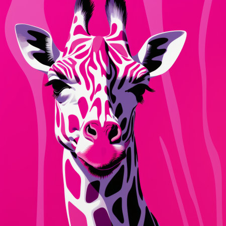 a pink giraffe head, depicted in a crisp neo-pop illustration style, is captured in this 8k resolution photograph. the illusory wallpaper portraits showcase the vibrant magenta tones of the animalier design. the bold and cartoonish lithographs feature striking lines and vivid colors, creating a visually captivating image. ai generatedの素材