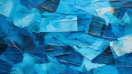 colorful blue papers mixed with black tissue paper create a vibrant contrast against a gold background in this street art abstract photograph. the composition, inspired by soft cubism and monochromatic paintings, showcases tightly cropped compositions. the artist's use of recycled materials adds depth to the colorful impasto, reminiscent of sea and coast paintings. ai generatedの素材