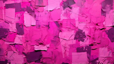 pink paint splatters cover the black walls, while scattered pink paper adds to the boldly fragmented, color field abstraction. the overall aesthetic showcases elements of light purple and dark magenta, reminiscent of post-impressionist colorism. the paper sculptures and monochromatic expressionism contribute to the conceptual installation art. ai generatedの素材