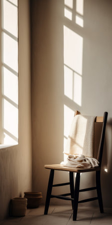 a minimalistic japanese-style chair sits on a wool table next to a window. the black and beige color scheme creates a whimsical ambiance in this minimalist still life. the sparse and simple arrangement exudes a subtle, folk-inspired charm. captured by an interior design photographer using a canon eos r5, the photo showcases intricate details and a very real, cinemotographic feel with film grain. available inの素材