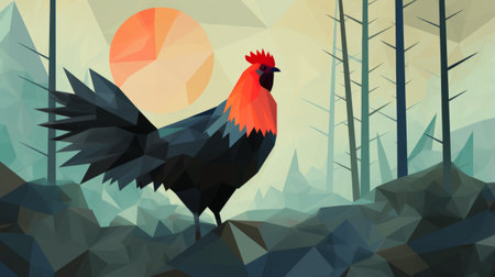 a black rooster, depicted in a low poly style, gracefully strolls through a vibrant forest. the geometric shapes and dynamic color fields create an inventive character design, while the soft and romantic landscapes add a touch of whimsy. this 2d artwork captures the essence of a whistlerian aesthetic. ai generatedの素材