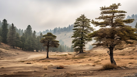 three pine trees stand tall on a deserted terrain, captured beautifully through the lens of the tokina opera 50mm f14 ff. the soft and dreamy atmosphere adds a touch of mystique to this california plein air photograph by stephen shortridge. with its gray and brown tones, this 32k uhd image transports you to a world of mystical creatures and enchanting landscapes. ai generatedの素材