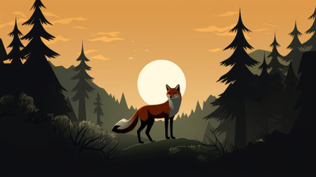 a cartoon fox stands in a summer forest surrounded by trees, in the style of hazy landscapes. the dark red and orange skies add richness to the scene, while the flat and graphic elements give it a traditional touch. softbox lighting enhances the fictional landscape, creating a captivating visual experience. ai generatedの素材