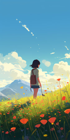 a lady walks through a field adorned with vibrant flowers, surrounded by breathtaking mountainous vistas. this anime-inspired scene captures the essence of a realistic color palette, reminiscent of the works of go nagai and alex andreev. the image beautifully portrays the schoolgirl lifestyle, while the detailed skies add depth and charm to the overall composition. ai generatedの素材