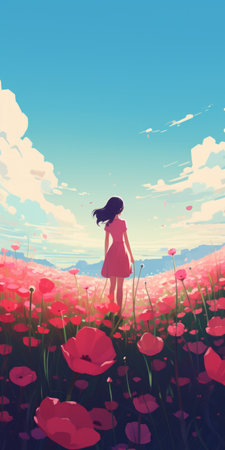 a girl gracefully strolls through a vibrant field of poppies, depicted in a captivating digital painting style. the charming anime characters add a touch of whimsy to the scene, while the dark pink and sky-blue hues create a romantic landscape. this colorful palette, inspired by the works of gene luen yang, evokes a calming and enchanting atmosphere. ai generatedの素材