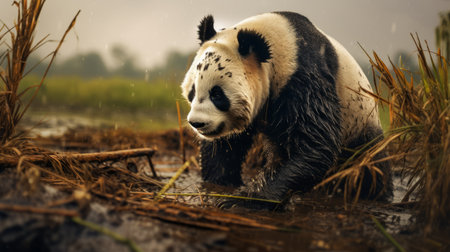 a great pygmy panda is captured in this photo, walking in the water overhang. the image is presented in a style that combines dramatic atmospheric perspective, splattered paint, and emotive fields of color. tilt-shift lenses were used to create a realistic portrayal of the scene, showcasing the soggy and explosive wildlife. ai generatedの素材