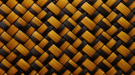 a close-up aerial view of a handcrafted wooden woven background in a dark gold and black style. the vibrant and contrasting colors create a visually striking image reminiscent of the quadratura technique. this artwork is inspired by the works of alois arnegger and shin hanga. ai generatedの素材