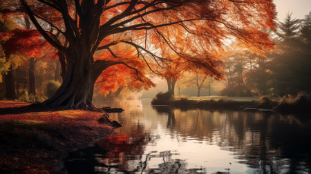 bright orange trees and a river reflect a bright red autumn, creating a beautiful waterfall along the bank. this atmospheric and moody landscape captures the essence of fairytale-inspired english countryside scenes and australian landscapes. the vibrant colors of light crimson and light amber add to the enchanting beauty of this high-resolution photograph, which draws inspiration from japanese aesthetics. ai generatedの素材