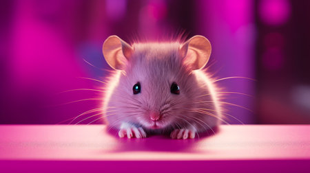 a small mouse is captured in a photo, positioned against a vibrant pink background. the image showcases a hyper-detailed rendering style, creating a dreamlike atmosphere. rendered in cinema4d, the photo exhibits the artistic expertise of peter mitchev, known for his realistic animal portraits and utilization of photo-realistic techniques. ai generatedの素材