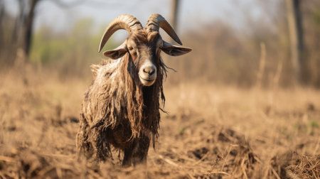an unmarked white goat stands near tall grass in this post-apocalyptic style national geographic photo. the goat's strong facial expression adds to the dark beige and brown tones of the image. captured with high quality, the photo showcases the soggy surroundings and has an iso of 200. ai generatedの素材