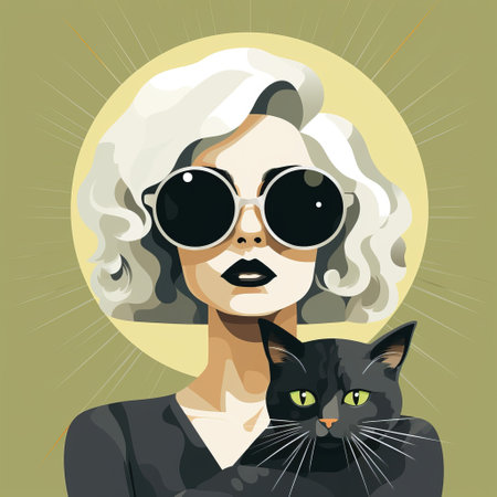 a white woman and black cat are depicted in this isolated vector illustration. the artwork is inspired by modernism and features a vintage cinematic look. it incorporates elements of celebrity and pop culture references, with moody colors and a fisheye lens effect. the background has a smokey appearance, adding to the overall fashion-inspired aesthetic of the illustration. ai generatedの素材