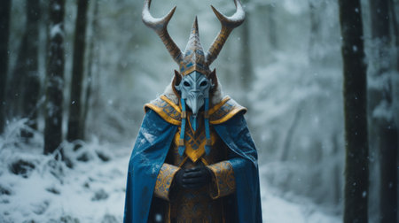 a warcraft character with horns stands in the snowy woods, portrayed in the style of ethereal portraits. the dark yellow and azure hues create a captivating atmosphere in this documentary-like photo. the character is adorned in traditional costumes, with dark cyan and gray tones adding depth. masks and totems surround them, enhancing the sense of quiet contemplation. ai generatedの素材