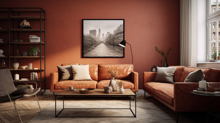 an orange living room with couches and a table, designed in the style of realistic landscapes with soft, tonal colors. this high-quality photo by caras ionut captures the essence of life in new york city. the terracotta hues and modern ink painting elements add a unique touch to the overall ambiance. mandy disher's artistic vision shines through in this captivating image. ai generatedの素材