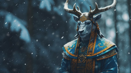 a majestic deer stands amidst a winter landscape, exuding an enchanting medieval fantasy vibe. the expressive and inventive character designs capture the essence of this epic portraiture. with a resolution of 32k uhd, this wallpaper showcases the beauty of the deer within the context of the kushan empire, adorned with intricate and detailed costumes. ai generatedの素材