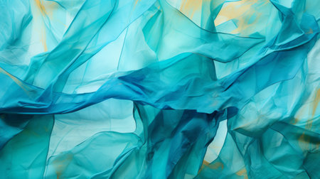 a piece of plastic fabric with a textured surface is seen against a gold backdrop, adorned with blue and yellow stripes. the overall style of the image is reminiscent of dark turquoise and light aquamarine hues. the ethereal forms and dreamlike installations showcase flowing fabrics and translucent layers, all enhanced by the gorgeous colors, particularly the vibrant turquoise tones. ai generatedの素材