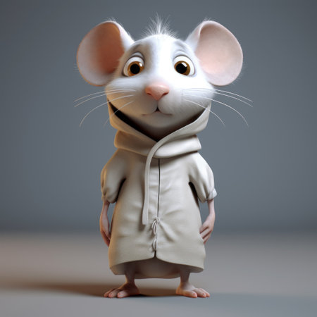 a cute cartoon mouse in a hoodie stands on a grey background, showcasing precise hyperrealism. this adorable character incorporates elements of celebrity and pop culture references, as well as supernatural creatures. the image captures a sense of child-like innocence with its light white and white tones. the overall composition evokes a feeling of soggy charm. ai generatedの素材