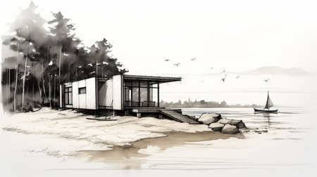 a small cabin near the water is depicted in this artistic piece, inspired by the style of florian nicolle and toyo ito. the precisionist lines capture the essence of the vancouver school, while the commission by michal lisowski brings out the beauty of seaside vistas. ai generatedの素材