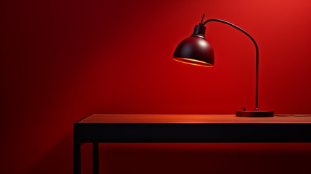 a red wall serves as the backdrop behind a table, creating a striking contrast in this photo. the realistic lighting enhances the bauhaus functional design, showcasing the dark bronze and red color scheme. the soft focus adds a touch of elegance to the monochromatic composition. traditional craftsmanship is evident in the hyper-realistic details captured in this image. ai generatedの素材