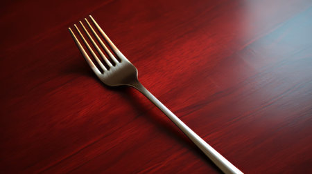 a maroon fork is captured in this photograph, resting on a table in a study. the fork's design is sleek and modern, with an able style. the maroon background adds a touch of elegance, while the natural lighting enhances the rich maroon tone. the image is in high definition, showcasing the intricate details of the fork. ai generatedの素材
