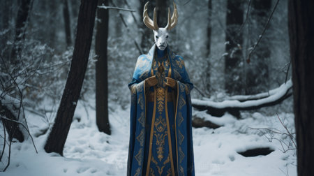 a lady in blue enchantment stands gracefully amidst a snow-covered forest, showcasing the mesmerizing style of hyperrealistic animal portraits. her hieratic visionary presence is enhanced by the sculptural costumes adorned in dark gray and gold. the photo-realistic composition captures the essence of medieval aesthetics, all brought to life with the cutting-edge technology of ue5. ai generatedの素材
